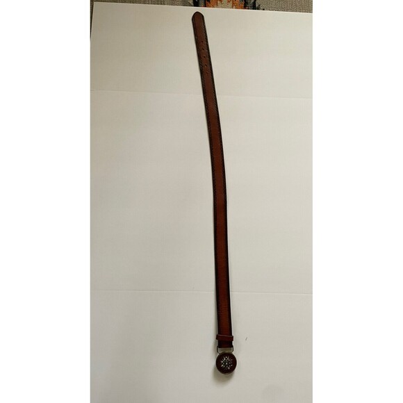 Tooled Brown Leather Belt Sz M Floral Bohemian Handcrafted Mandala Buckle as is - Picture 3 of 4